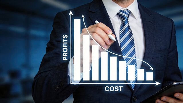 Businessman drawing profit and cost analysis chart on digital interface successful financial strategy with increasing profits and decreasing expenses