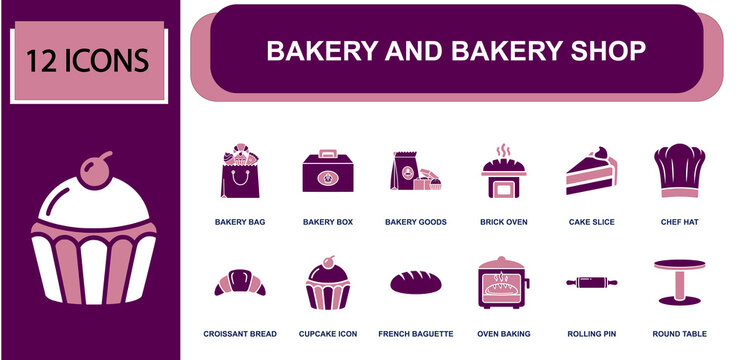 Bakery icon set. Containing bakery bag, bakery box, bakery goods, brick oven, cake slice, chef hat, croissant bread, cupcake icon, French baguette and more. Solid fill vector icons.