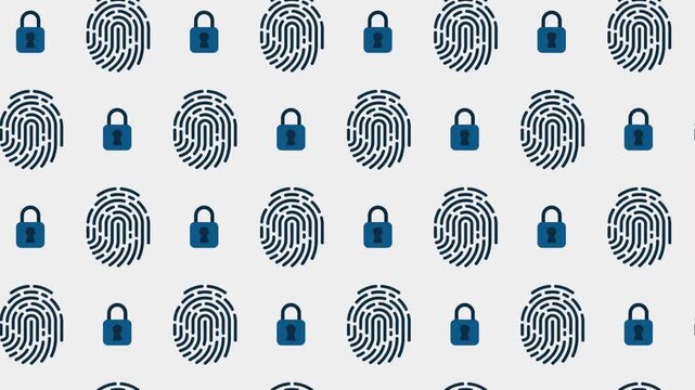 Blue Padlock and Fingerprint Scan Seamless Pattern Background, biometric security and data privacy concept