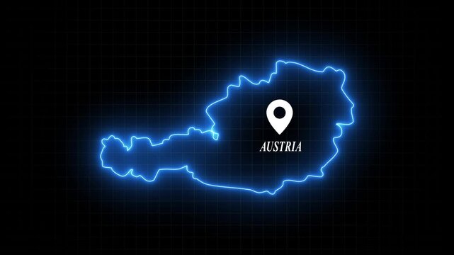 Austria map outline with glowing neon border and location pin marker digital animation country