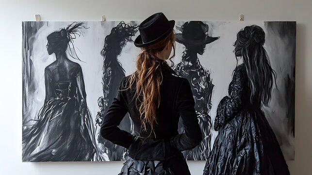 Woman in black hat and jacket observes charcoal sketches of women in elaborate dresses