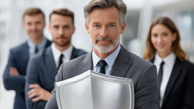 Business Leadership and Protection: A distinguished leader and his team project strength and security, symbolizing trust and reliability. A symbol of leadership, resilience, and assured protection.