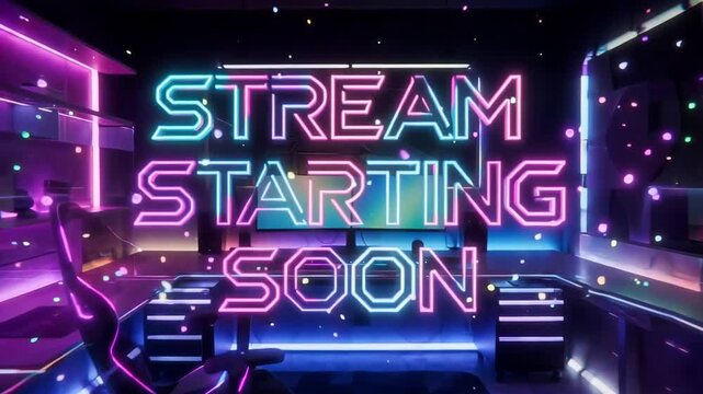 Stream Starting Soon: Dynamic neon lights illuminate a gamer's haven, signaling the beginning of an exciting broadcast.