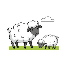 Fototapeta premium Sweet Woolly Sheep Mother and Lamb Grazing on Farm Vector
