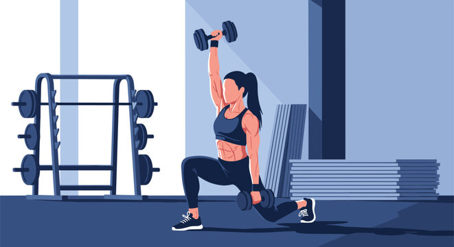 Athletic woman performs overhead dumbbell lunges in a modern gym environment with weight racks and exercise equipment in the background.