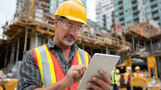 Construction Inspector at Work: An experienced construction inspector, clad in a safety vest and hard hat, meticulously reviews digital blueprints on a tablet at a bustling construction site.