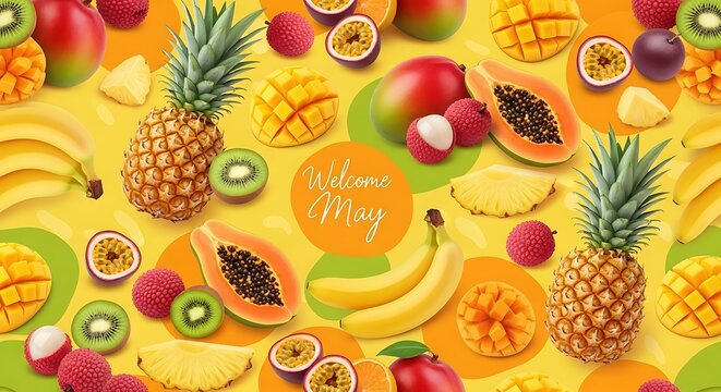 tropical fruit welcome may banner with fresh pineapple papaya kiwi and pomegranate
