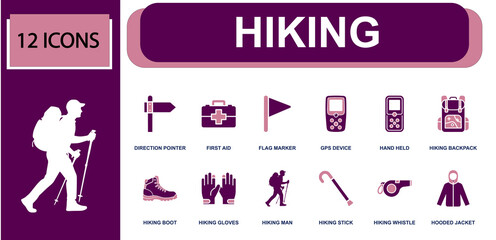 Hiking icon set containing direction pointer, first aid, flag marker, GPS device, hiking backpack, hiking boot, hiking whistle, hooded jacket, trail gear and more, solid fill vector icons. © Mellisa