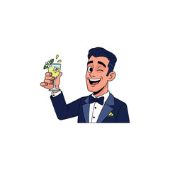 Man in tuxedo holding cocktail with lemon and mint leaves in a toast © trading