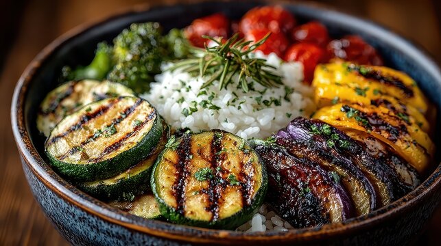 Colorful grilled vegetable platter with rice and fresh herbs in a stylish black bowl for healthy vegetarian meal