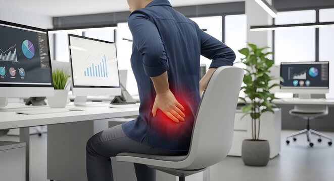 Office worker with lower back pain sitting at desk