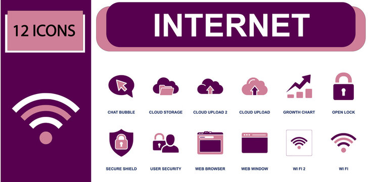 Internet icon set. Containing chat bubble, cloud storage, cloud upload, open lock, secure shield, user security, web browser, web window, Wi-Fi signal and more. Solid fill vector icons.