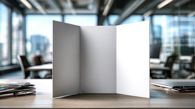 Blank tri-fold brochure mockup standing on wooden desk in modern office setting
