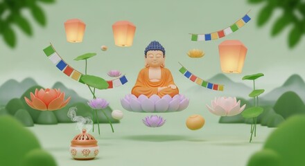 Obraz premium Buddha's Birthday 3D illustration with lotus flowers, lanterns, and prayer flags
