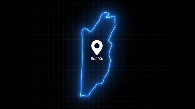 Belize map outline with location pin neon glow animation on digital grid background
