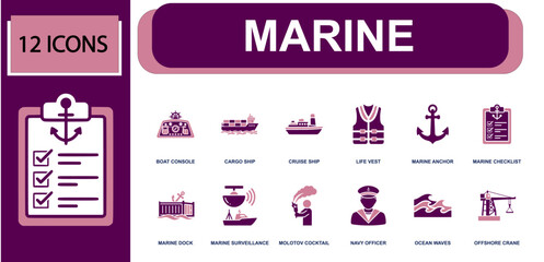Marine icon set. Containing boat console, cargo ship, cruise ship, life vest, marine anchor, marine checklist, surveillance, ocean waves, offshore crane and more. Solid fill vector icons. © Mellisa