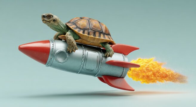 Speedy Turtle Riding a Rocket Ship with Fiery Exhaust.