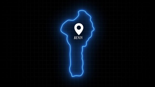 Benin map outline with glowing neon border and location pin marker animation on digital grid background