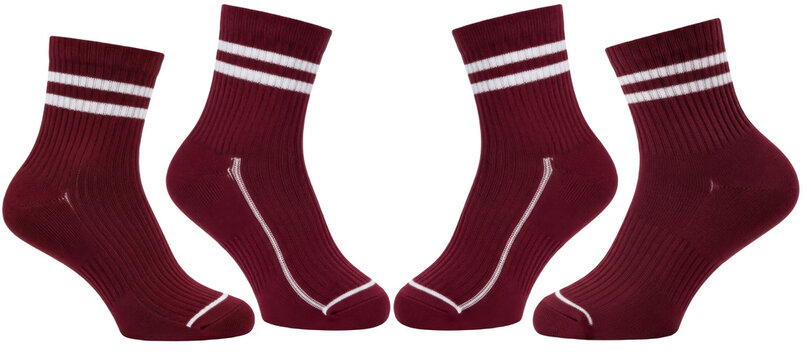 Burgundy striped athletic crew socks set, breathable cotton unisex sport and casual ankle footwear, comfortable fit for running, gym workouts, daily wear outfits

