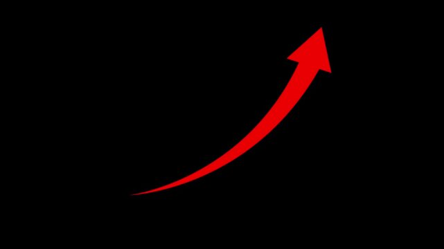 abstract rising arrow graph animation symbolizing business growth, financial success, stock market gains, investment performance and increasing property value on black background.
