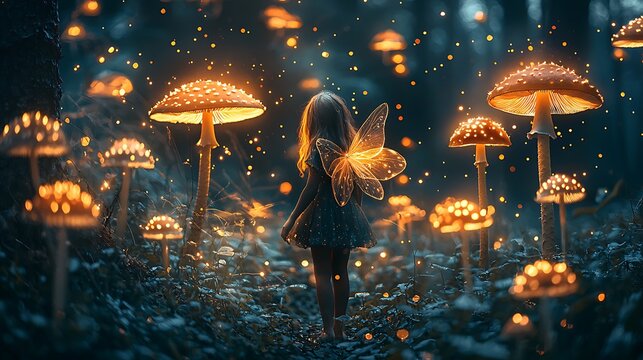 A young girl with translucent fairy wings stands in a mystical forest surrounded by glowing mushrooms and golden lights