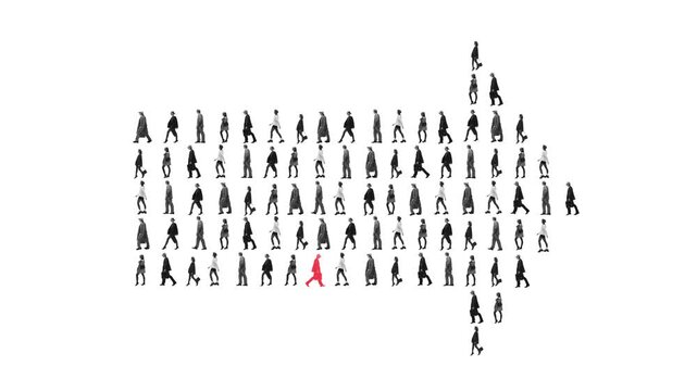 Large group of walking people forming arrow direction with one highlighted figure on light background. Concept of market direction, leadership influence, trend movement, and strategic guidance.