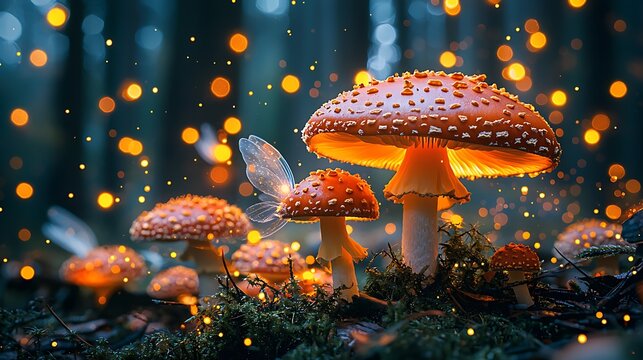 Magical forest scene with glowing mushrooms and delicate fairy wings amidst shimmering bokeh lights