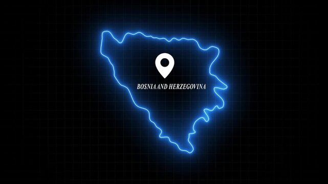 Bosnia and herzegovina map outline with glowing neon border and location pin marker animation
