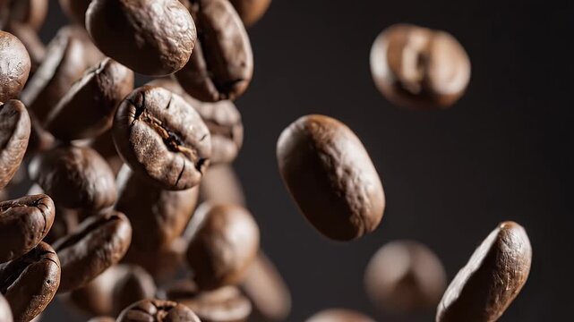 A close-up shot showcases a cascade of roasted coffee beans against a dark background, highlighting their rich brown color and textured surfaces.