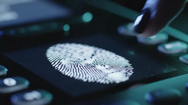 Close-up of a finger touching a smartphone screen, revealing a fingerprint scan on the display, showcasing technology interaction in a dark, illuminated environment