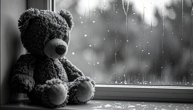 Lonely Teddy Bear Gazing Out Window on a Rainy Day.