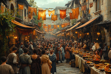 Naklejka premium Colorful Banners and Music Fill the Warm Atmosphere of a Medieval Feast