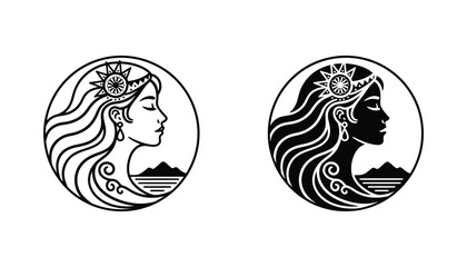 Profile portrait of goddess with flowing hair and mountain landscape silhouette inside circular frame as black and white vector graphic for mystical logo branding © Nexus