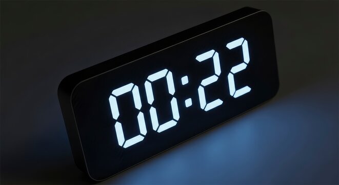 Modern Black Digital Alarm Clock Displaying 00:22 in the Dark