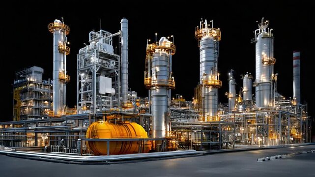 Industrial Symphony: An illuminated industrial plant, a complex web of metallic structures and vessels, glows with a modern, futuristic aesthetic.
