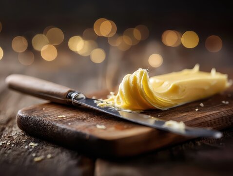 Freshly cut butter slice on wooden board with soft bokeh lights in the background for baking and cooking