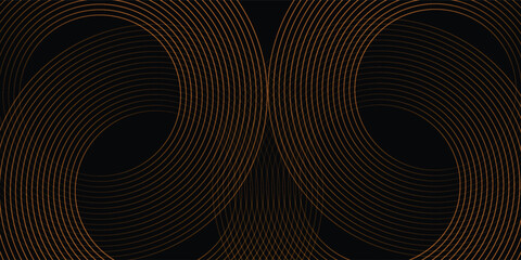 Abstract luxury gold circular lines on black background. Elegant interlocking rings pattern for premium branding, tech wallpaper, and sophisticated cover design. © Syaroful