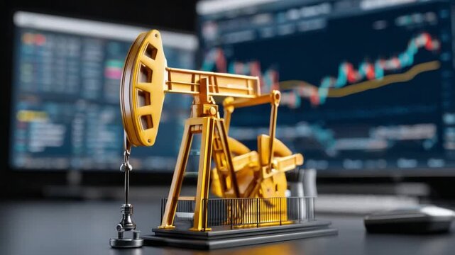 Oil Rig & Stock Chart: A detailed close-up of a miniature oil rig model sits prominently, set against the backdrop of a dynamic stock chart on a computer monitor.