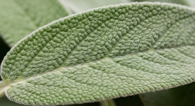 Extreme macro close-up of a fuzzy sage leaf showing intricate surface texture and soft trichomes