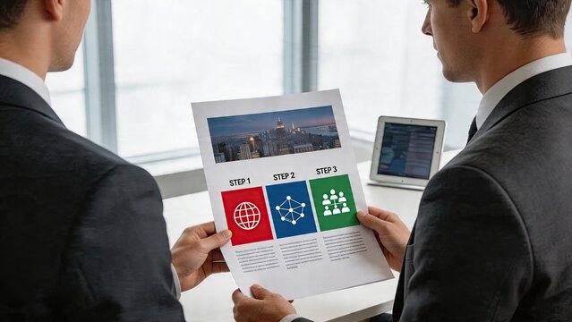 Business men reviewing strategic infographic document showing step by step growth plan city skyline background corporate teamwork meeting at office desk with modern technology