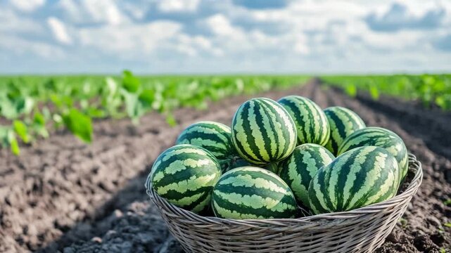 selective focus basket of watermelon harvest in field