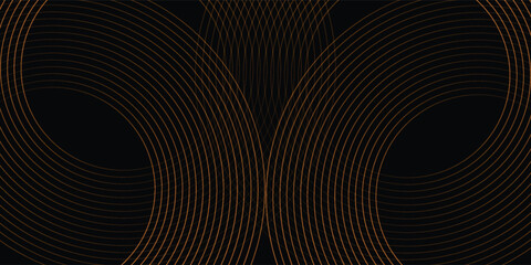 Abstract luxury gold circular lines on black background. Elegant interlocking rings pattern for premium branding, tech wallpaper, and sophisticated cover design. © Syaroful