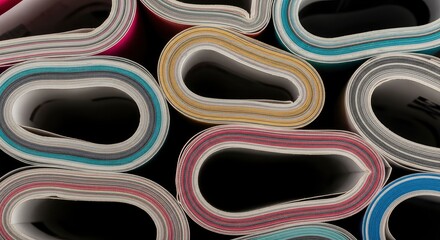 Abstract Macro Background of Rolled Colorful Magazines and Catalog Pages Showing Paper Edges and Layers