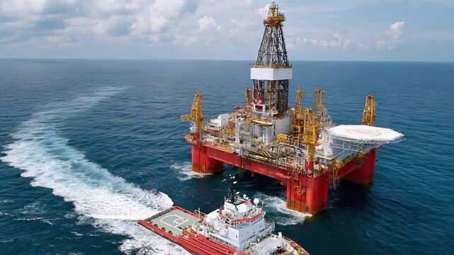 Offshore Oil Rig in Action: An awe-inspiring oil rig stands tall amidst the vast ocean, accompanied by a vessel. The scene showcases industrial prowess and technological innovation.