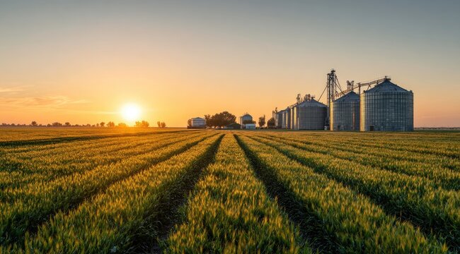 Golden Sunrise Over Agricultural Field with Silos.