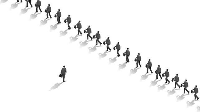 Single businessman walking opposite direction from crowd on light background. Concept of independence, contrarian strategy, leadership courage, innovation mindset and breaking traditional paths.