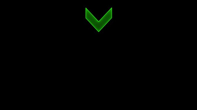 Green neon chevron arrow pulsing animation on black background, for ui interface, and directional signage