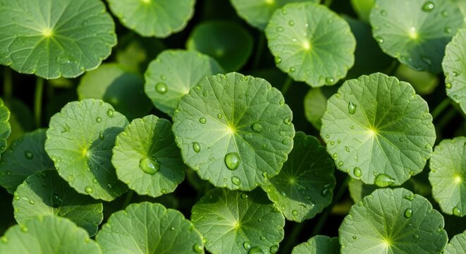 Close-up of Lush Green Hydrocotyle Verticillata Leaves with Morning Dew Drops