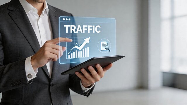 Businessman holding tablet analyzing traffic growth on digital screen holographic interface showing data chart and graph arrow pointing up analytics and metrics concept futuristic