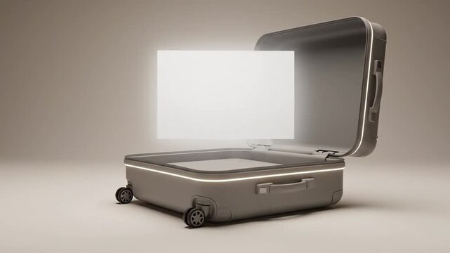 Gray suitcase with wheels opens to reveal blank panel for design mockup in studio setting